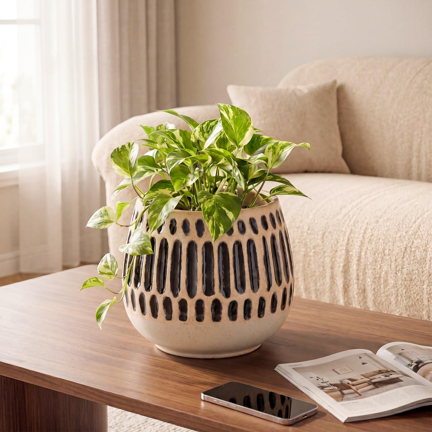 Chonsun Ceramic Planter 5 Inch Plant Pots Indoor Outdoor Succulent Plant Pot Flower Pots Mid-Century Planter Ceramic Pot with Blue Stripes