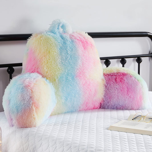 Hobed Life Faux Fur Backrest Pillow for Kids, Teen Reading Pillow with Arms, Fluffy Back Support Pillow for Sitting Up in Bed/Couch, Bed Wedge Pillow for Girls, Reading & Bed Rest Pillows (Pink)