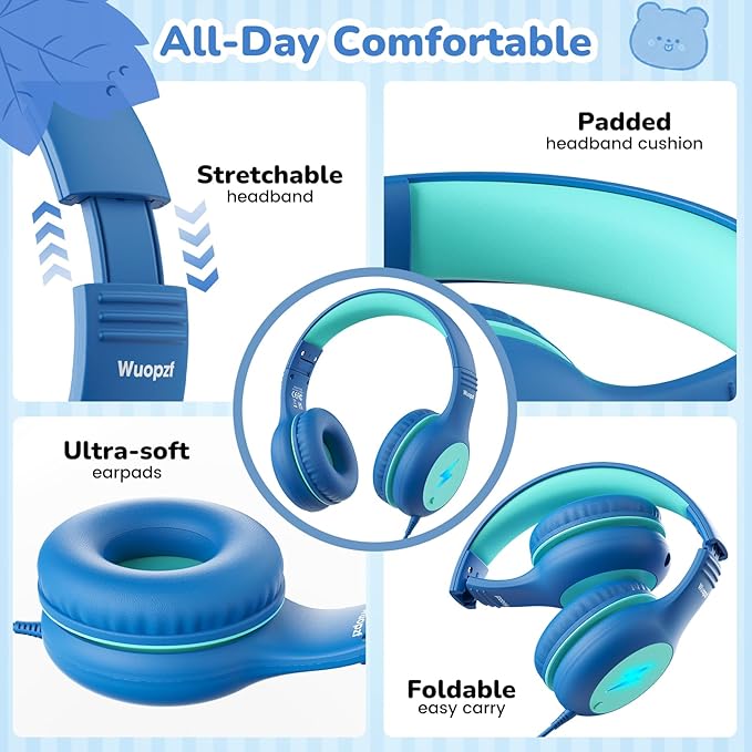 Kids USB C Headphones for School, 2025 Upgrade Safe Listening Wired Over-Ear Headphones with LED Lights, Volume Limiter & Microphone, Foldable Design for iPhone 16, iPad, Tablet