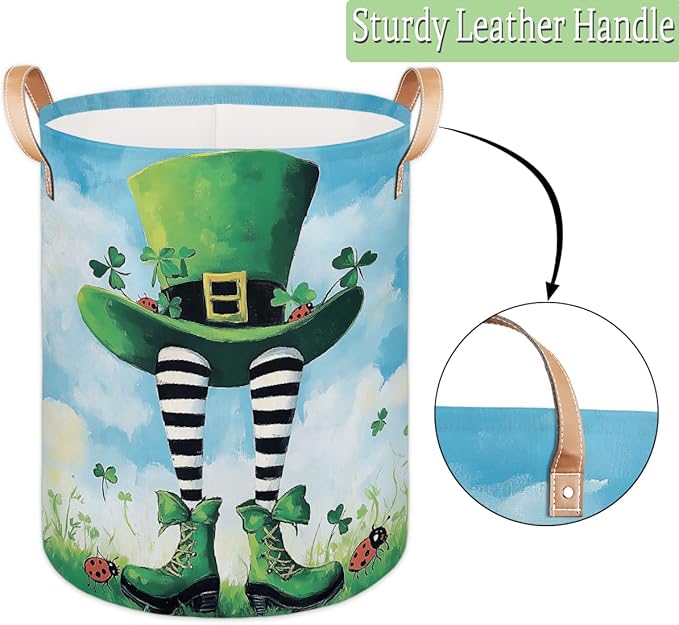 St. Patricks Day Hat Shoes Laundry Basket Foldable Laundry Baskets With Leather Handles for Bedroom Bathroom Toys Decorative Basket