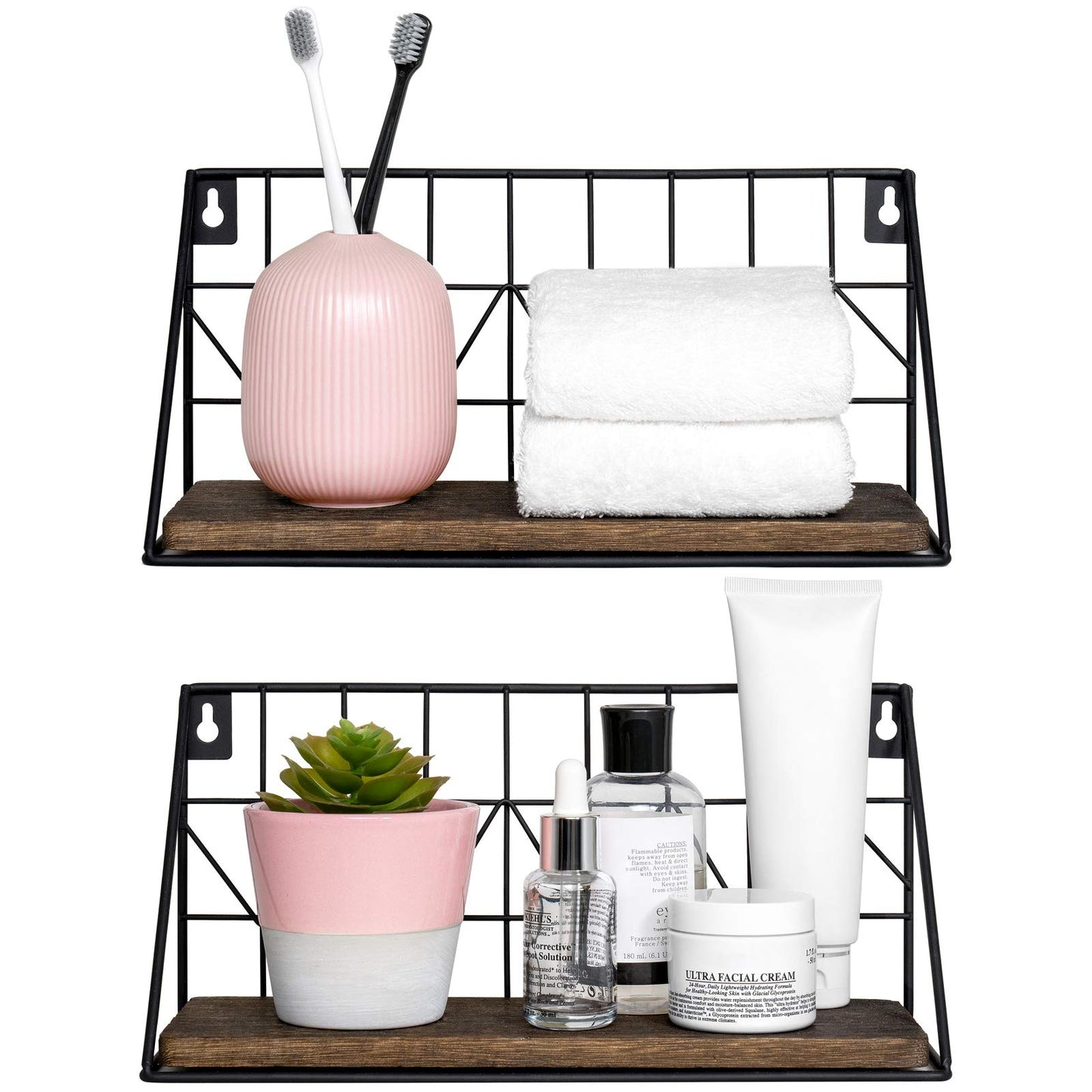 Mkono Floating Shelves Wall Mounted Set of 2 Rustic Wood Storage Display Shelf with Metal Wire Basket 11.4 Inches, Hanging Shelf for Bedroom Bathroom Living Room Kitchen Office, Brown,Small