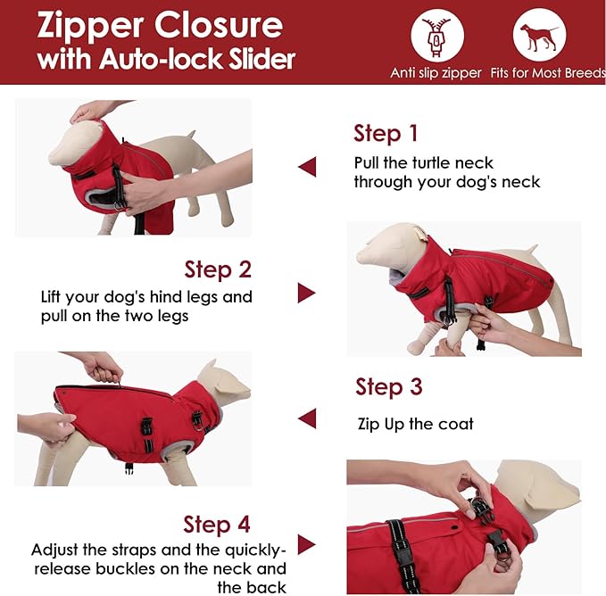 AOFITEE Dog Coat, Warm Dog Jacket Winter, Waterproof Dogs Winter Coat with Harness & Zipper, Reflective Turtleneck Fleece Pet Puffer Jacket Snowsuit for Jack Russel, Boston Terrier, Christmas Red M