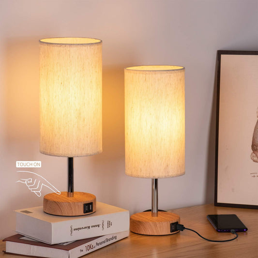 Yarra-Decor Bedside Lamps with USB Port - Touch Control Table Lamp for Bedroom Wood 3 Way Dimmable Nightstand Lamp Set of 2 with Round Flaxen Fabric Shade for Living Room, Dorm, Home Office (2 Pack)