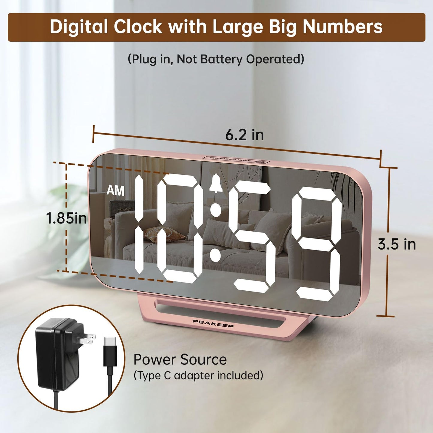 Peakeep Slim Digital Mirror Aesthetic Alarm Clock for Bedroom Living Decor, Plug in Electric Clock Big LED Modern Small Table Clock for Office Desk, Battery Backup, 6 Dimmers (Rose Gold)