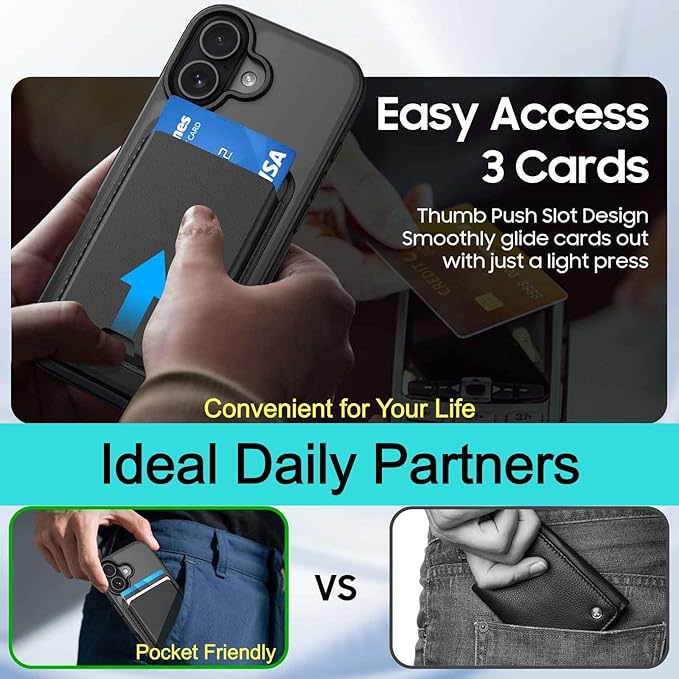 Ntwinro Magnetic for iPhone 17 Case (Compatible with MagSafe) with Detachable Wallet & Card Holder for 3 Cards [RFID Blocking] Military Grade Protective Slim Phone Cover, Black