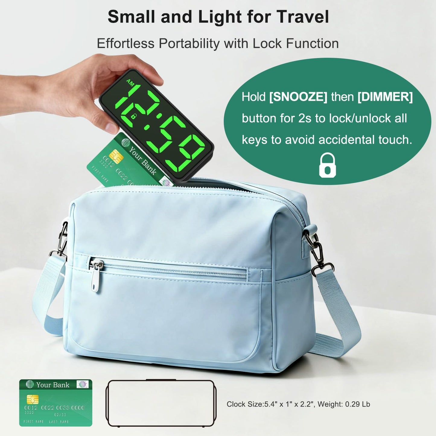 Peakeep Small Mini Battery Powered Digital Alarm Clocks for Bedrooms Bedside, Cordless Tiny Travel Portable Desk Clock, Large Numbers Auto Dimmable, LED Display 4 Dimmers, 5 Alarm Volumes