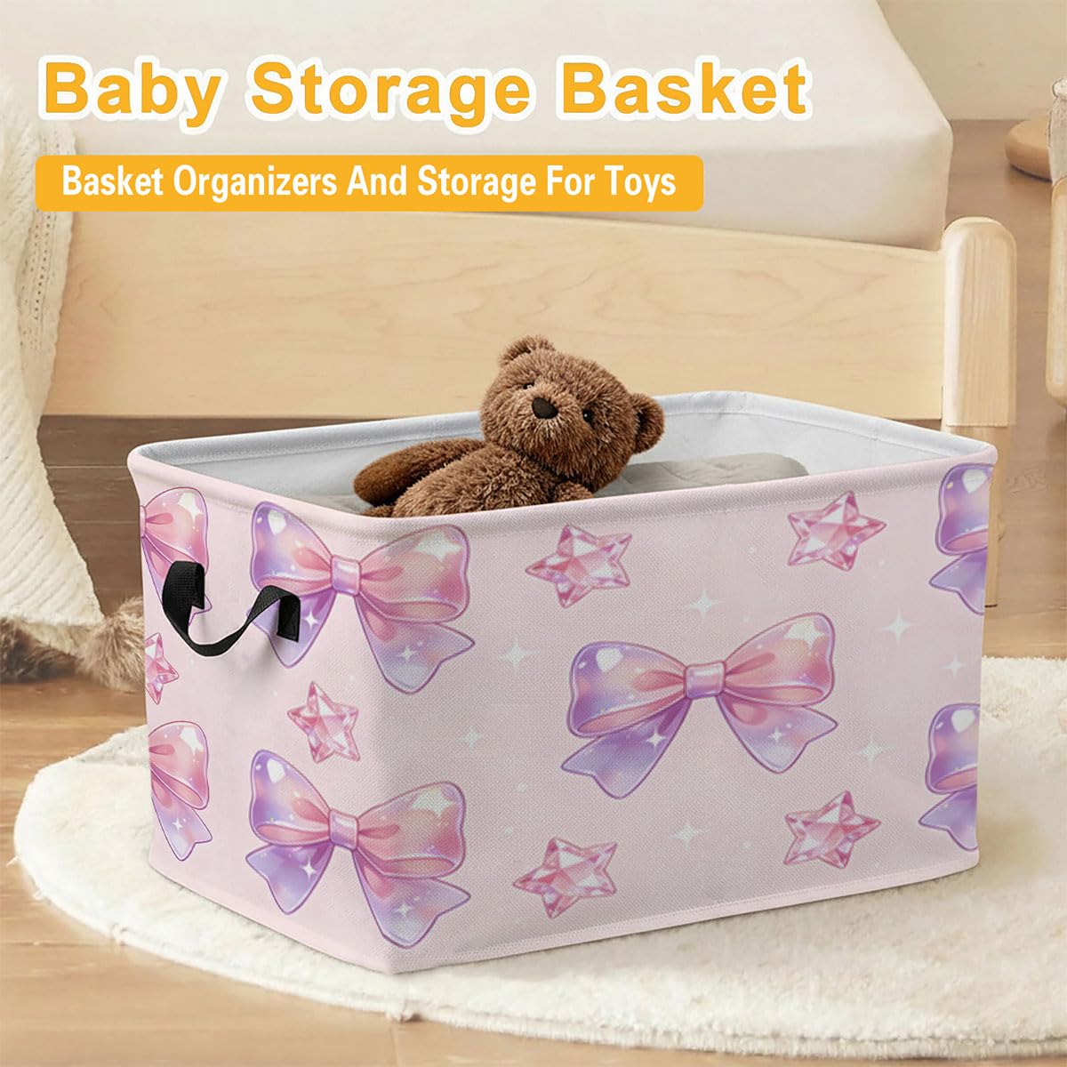 56L Beautiful Bow Foldable Square Laundry Hamper with Handles – Large Clothes, Blanket & Toy Storage Basket for Home Organization.