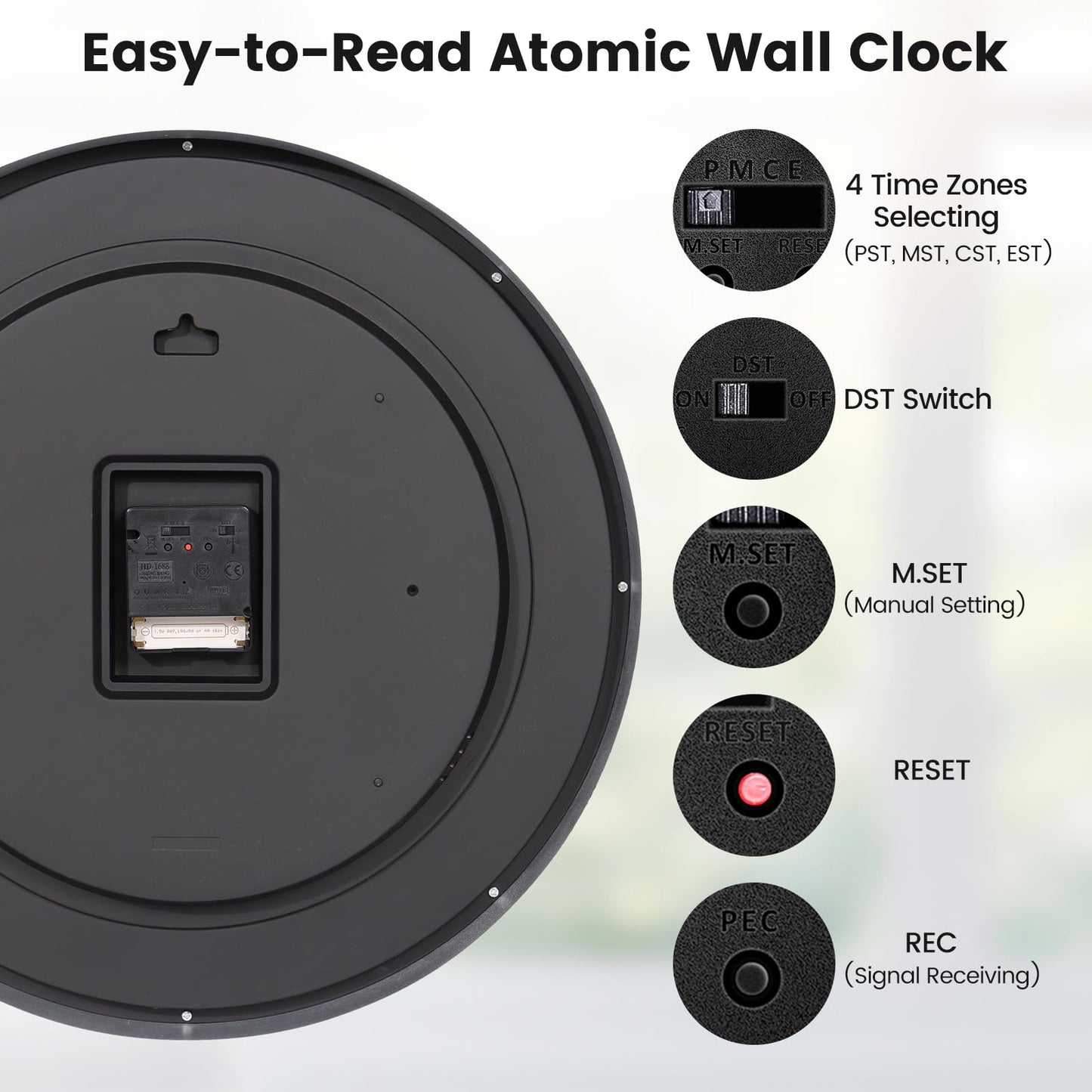 Geevon 16 Inch Atomic Wall Clock - Self-Setting Analog Clock with Automatic Time Sync - Battery Operated for Home Office School - Silver Frame