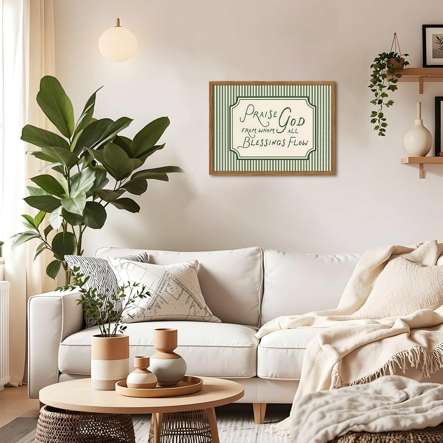 Framed Christian Scripture Wall Art, Bible Verse Pictures Wall Decor, Sage Green Striped Praise God From Whom All Blessings Flow Paintings Canvas Prints Religious Home Decor for Living Room 12x16 inch