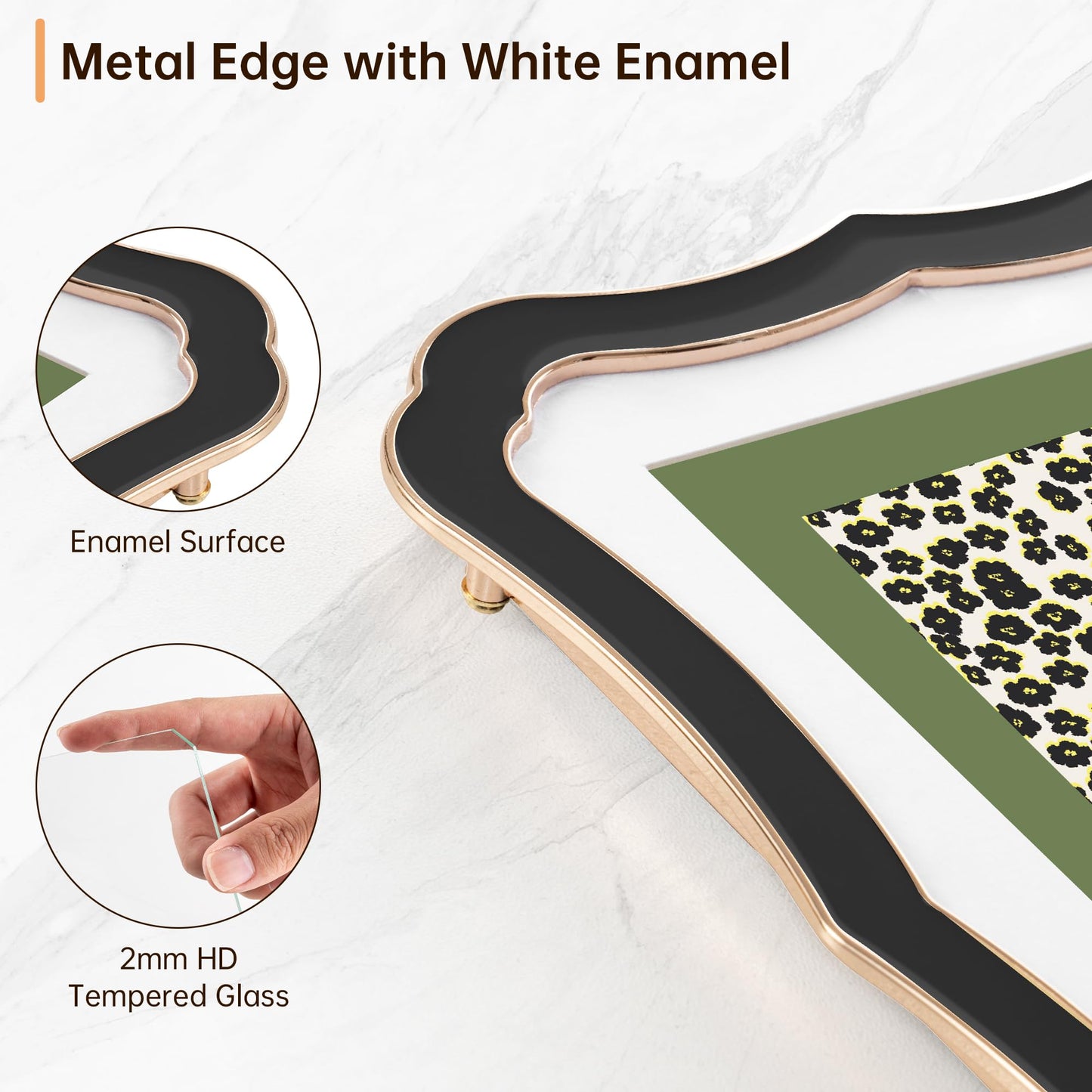 4x6 Enamel Picture Frame with HD-Tempered Glass, Display 3x5 Photo with Mat, Ornate Photo Frame with Gold Metal Edge & Velvet Back for Tabletop & Wall Mount Vertically or Horizontally Display, Black