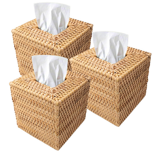 LECEHIVO 3 Pcs Square Rattan Tissue Box Cover Decorative Hand Wicker Woven Tissue Box Holder 5.5'' x 5.5'' x 5.5'' Boho Natural Tissue Cube Napkin Holder for Bathroom, Office, Car Accessories (Wood