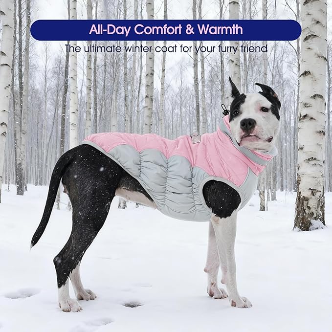 FUAMEY Dog Coat for Large Dogs,Waterproof Dog Winter Jacket with Harness Built in Puppy Cold Weather Coats Reflective Pet Vest with Zipper Warm Fleece Dogs Snowsuit Windproof Pink XL