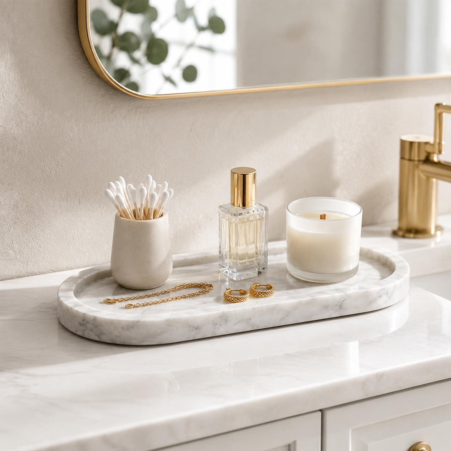 WORHE Natural Marble Vanity Tray Waterproof Italy Stone Bathroom Organizer for Perfume, Candles & Jewelry Non-Slip Oval Storage Tray for Spa, Bedroom, Kitchen 9.8" x 4.5" White (BH101)