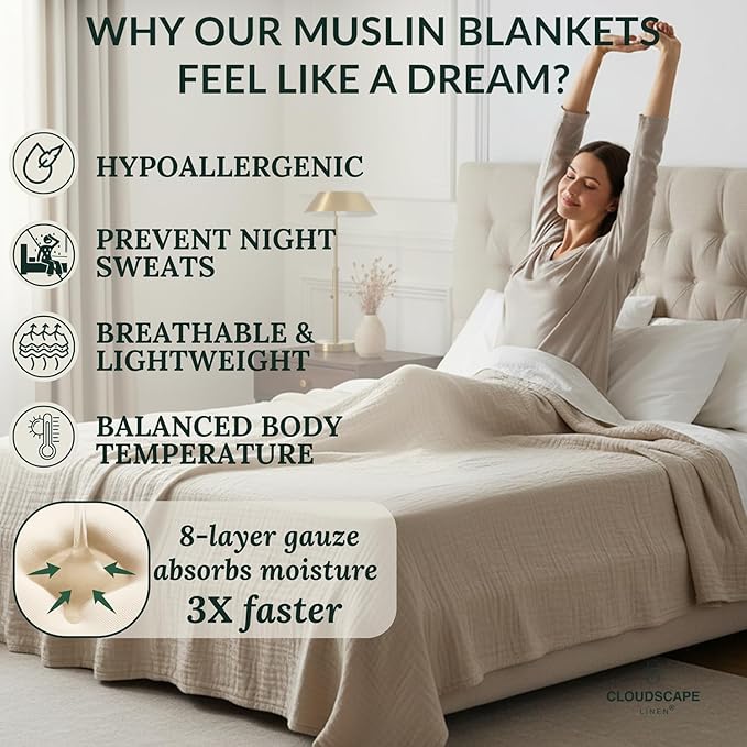 Cloud Scape Linen 8-Layer Muslin Blanket Queen Size - 100% Cotton, Soft and Breathable, Oversized Winter Blanket, Fits up to Full Size Bed, 92x92, Fog