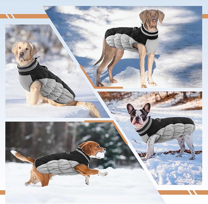 OUOBOB Dog Coats for Large Dogs,XL Dog Coat,Warm Fleece Winter Coat with D-Ring,Back Zipper Pet Jacket for Large Dogs,Waterproof Pet Snow Jacket Clothes Snowsuit Beagle Corgi Border Collie,Black,XL