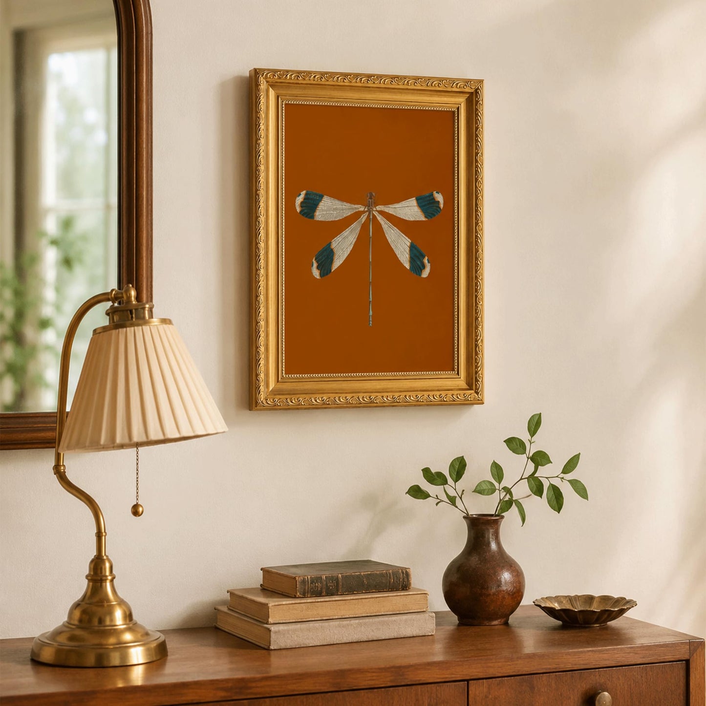 Gold Framed Dragonfly Wall Art, Vintage Insect Print