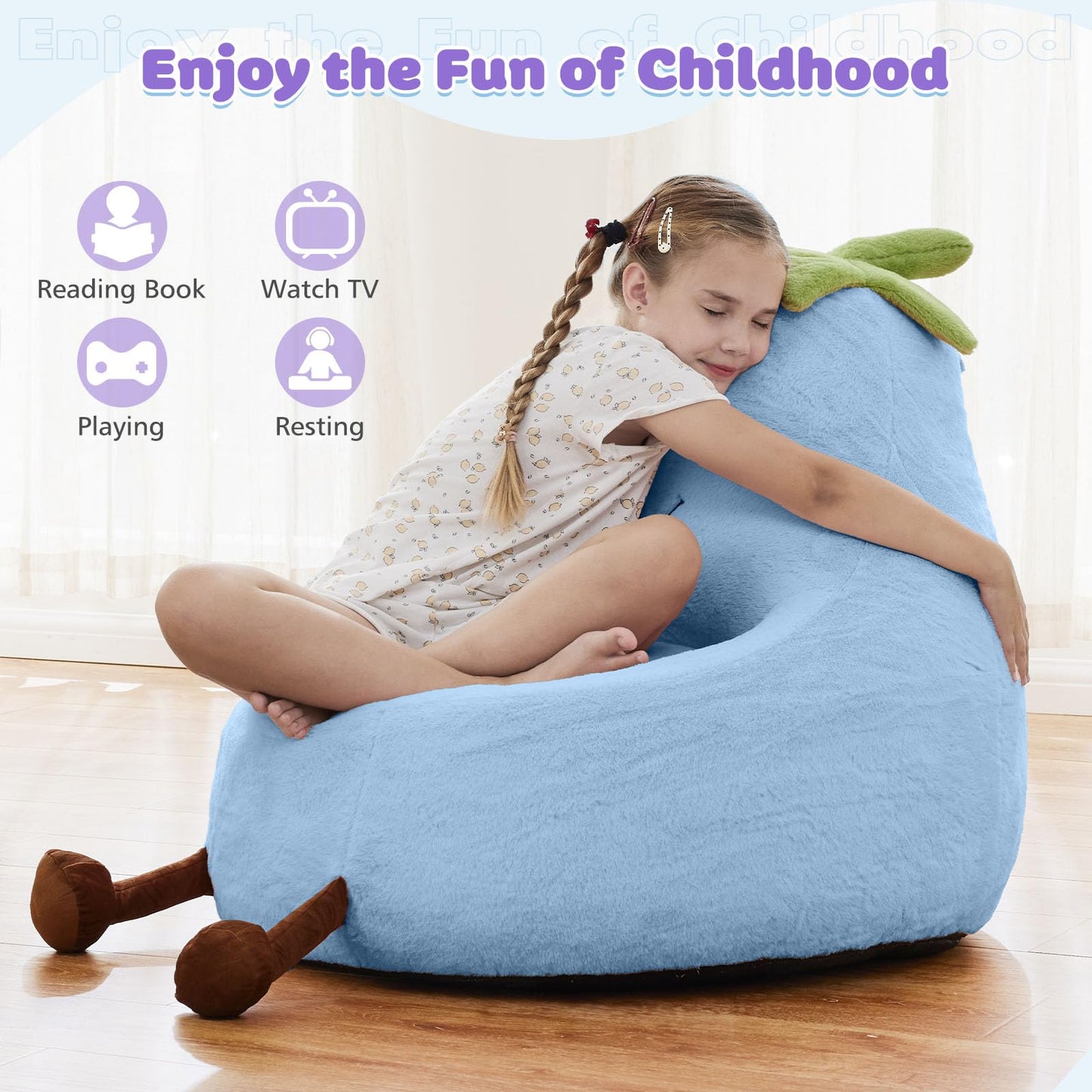 DUMOS Kids Bean Bag Chair, Stuffed Toddler Couch with Faux Rabbit Fur Cover for Teens & Kids, Comfy Lazy Sofa Chair for Reader, Living Room, Bedroom, Aged 4-12 Years, 31 Inch, Blue