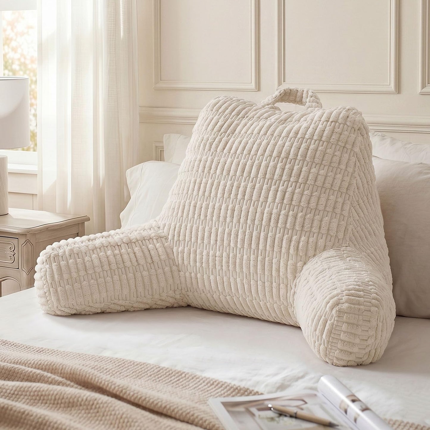 Blissful Diary Reading Pillow, Backrest Pillow with Shredded Memory Foam for Adult & Children, Designed for Bed and Couch Sitting Up, Includes Arms, Pockets and Washable Cover, Off White
