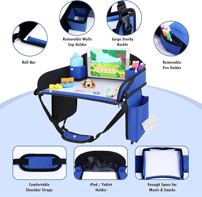 WENRENER Kids Travel Tray for Airplane - Toddler Car Seat Table Tray, Road Trip Essentials for Boys & Girls, Carseat Lap Desk for Kids Road Trip Activities(Navy Blue)