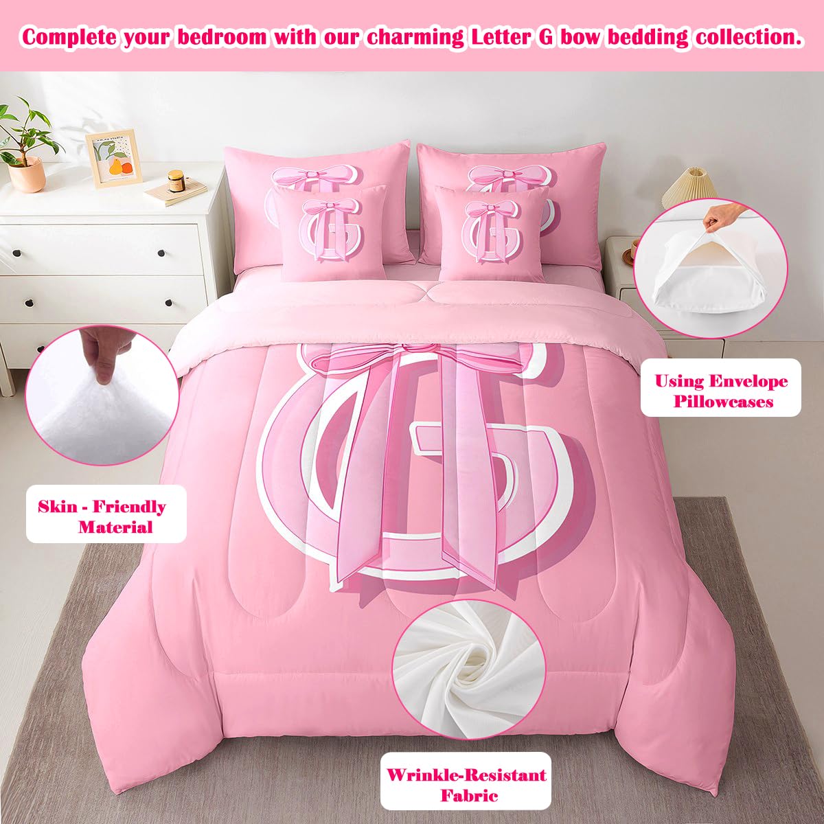 jejeloiu Dreamy Bow Bed Set, Queen Size, Decor Gifts for Women Teen Girl Ultra Soft Initial Letter G 7 Pieces Beeding Set, Monogrammed Bed in a Bag with Comforter, Sheets, Pillowcases Kawaii Pink