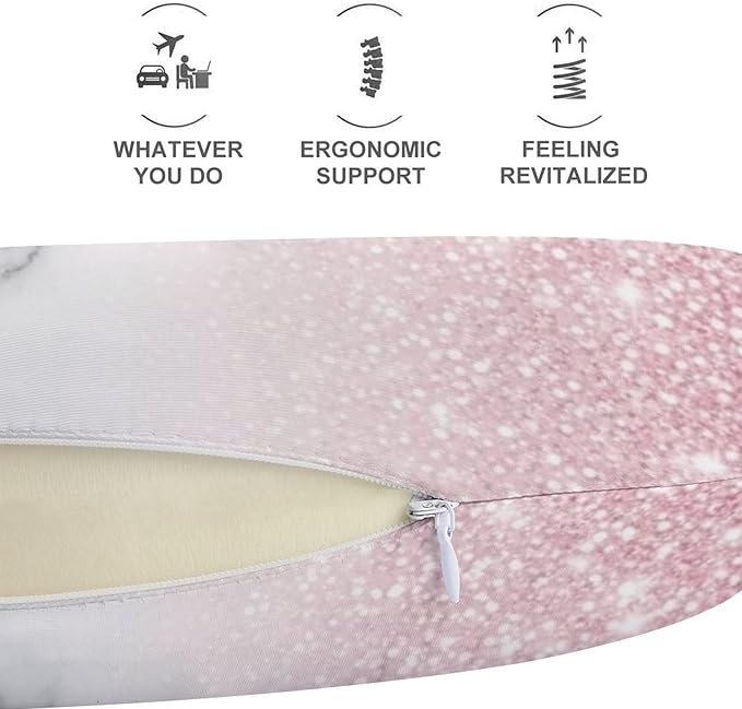 Teens Neck Pillow U-Shaped Memory Foam Travel Support, Modern Rose Gold Pink Glitter White Marble U-Shape, Washable Airplane Car Office Pillow