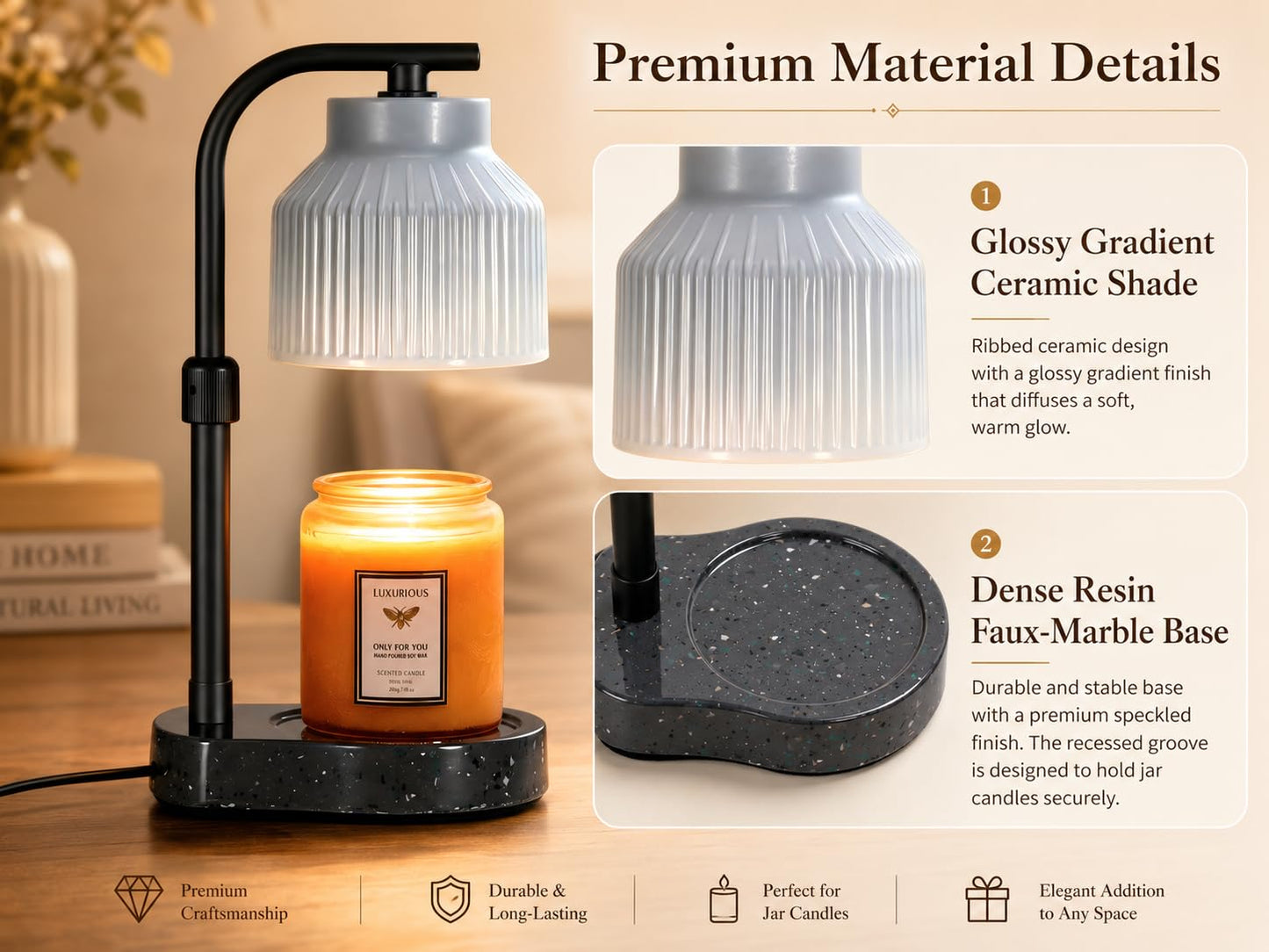 nawaza Ceramic Candle Warmer Lamp Electric Marble Textured Base Adjustable Height Wax Melt Warmer for Jar Scented Candles Birthday Gifts for Women Mom Grandma Home Offices Decor(Grey White)
