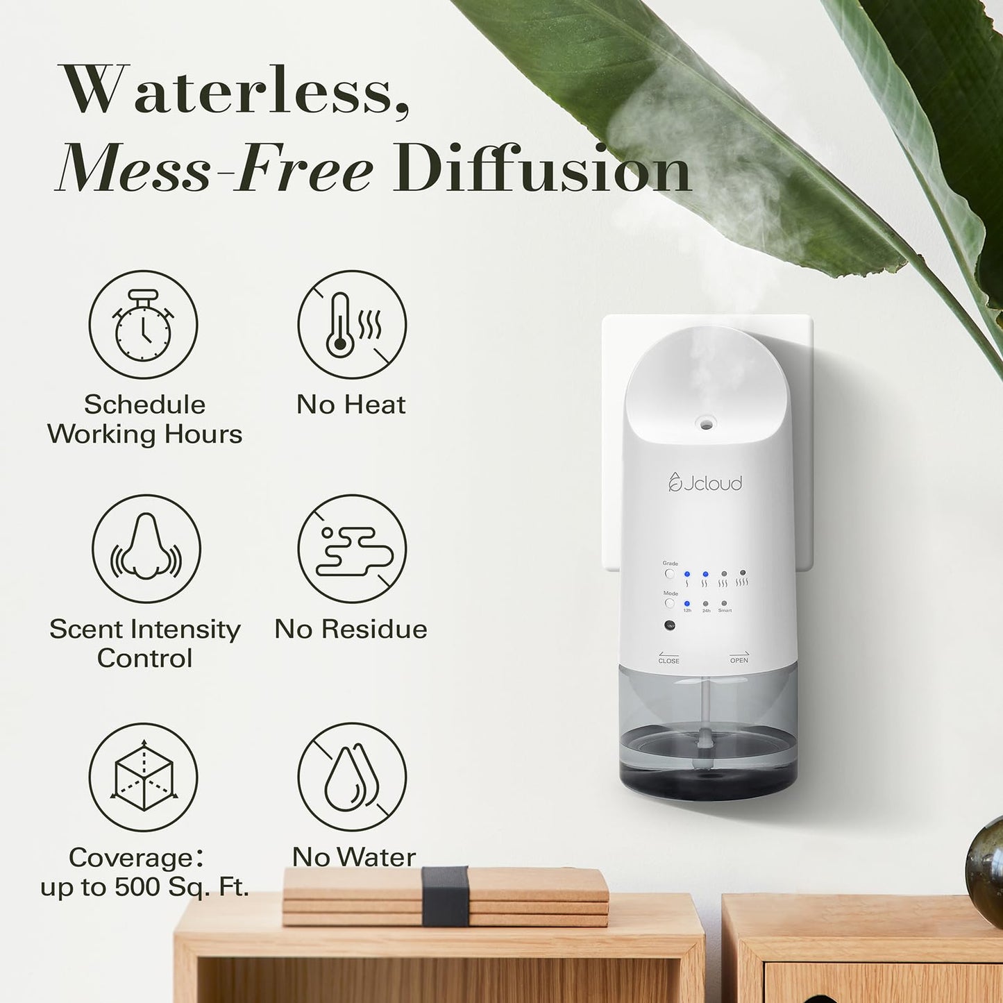 JCLOUD Plug in Diffuser for Essential Oils, Waterless Scent Diffuser Cover Up to 500 Sq. Ft. for Home, Office, Spa – Portable Smart Wall Diffuser 160ML, White