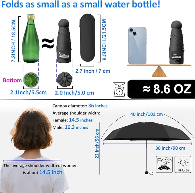 BAODINI Travel Essentials Mini Umbrella for Purse With Case Small Compact UV Sun Protection Lightweight Tiny Pocket Manual Open Close Umbrella for Women Kids and Men Fit Purse Backpack