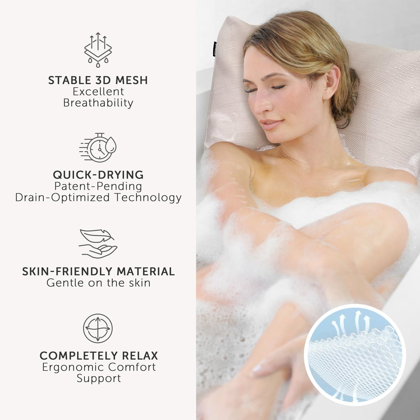 Nunuoo Bath Pillows for Tub Neck and Back Support,Bathtub Cushion backrest headrest Neck Pillow,tub Pillow for Bathtub,3D Mesh Core,Breathable,Quick-Drying,Ergonomic Comfort (Pearl
