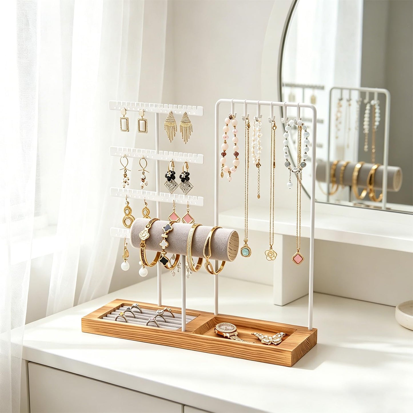 JONKASIPA Jewelry Stand Organizer with Tray, Wooden Base Necklace Rack Tower, Jewelry Display for Rings, Earrings, Bracelets – for Bedroom, Bathroom or Boutique-White