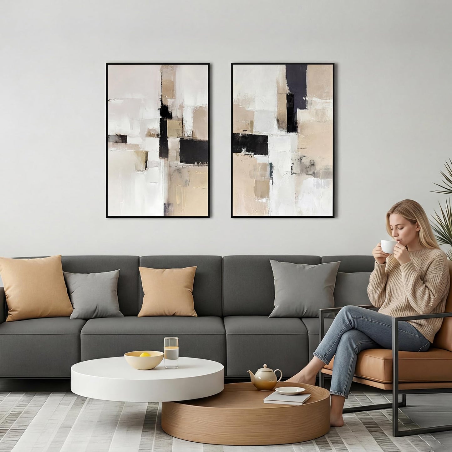 Zessonic Neutral Abstract Wall Art, Large Modern Textured Framed Canvas Wall Decor, Minimalist Prints Paintings, Earth Tone Black Beige Brown Artwork Pictures for Home, Living Room, Office, 24"x36"x2
