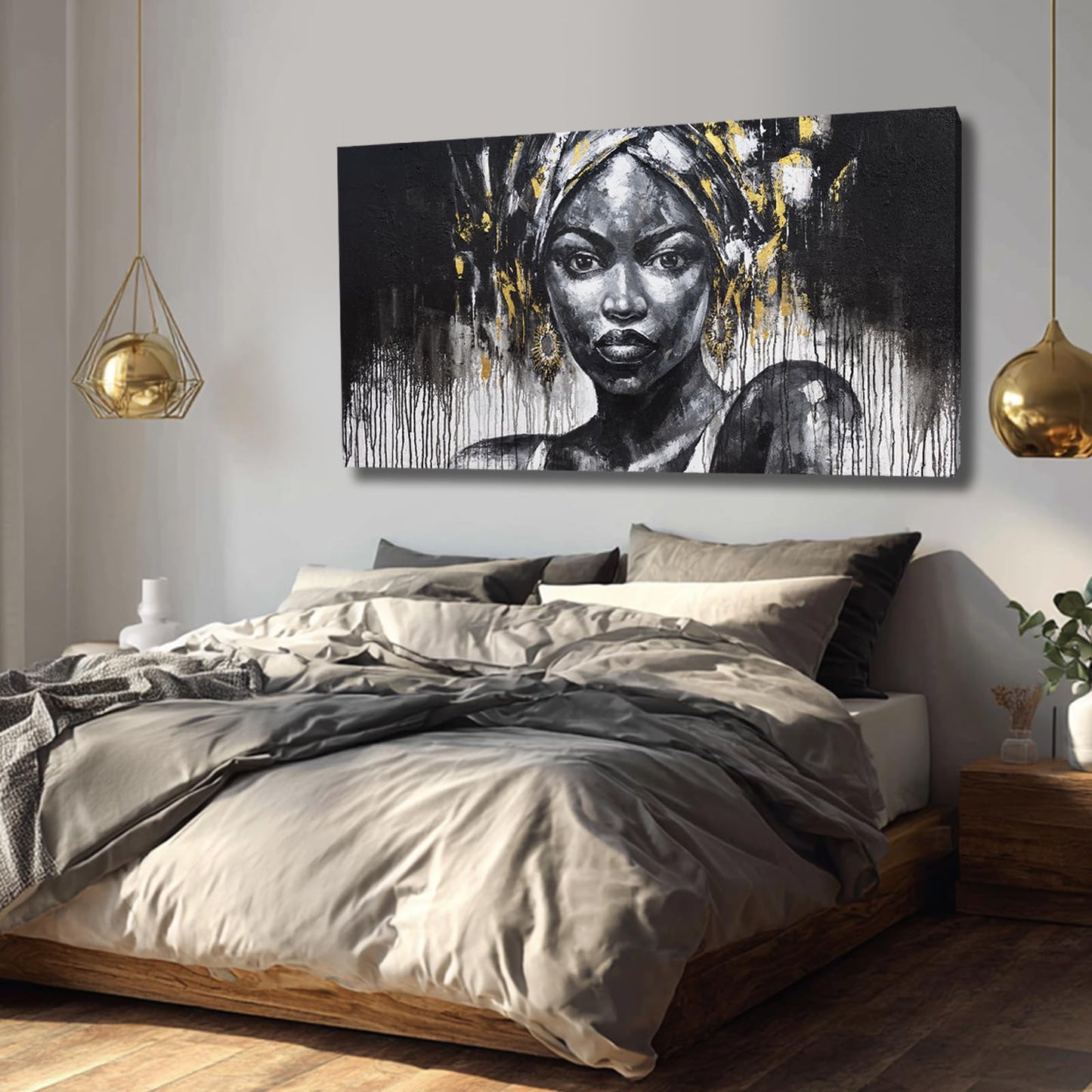 ZUNARE African American Portrait Canvas Wall Art Black and White Pictures with Gold Accents, Modern Cultural Black Woman Artwork for Living Room Bedroom Decor 24x48