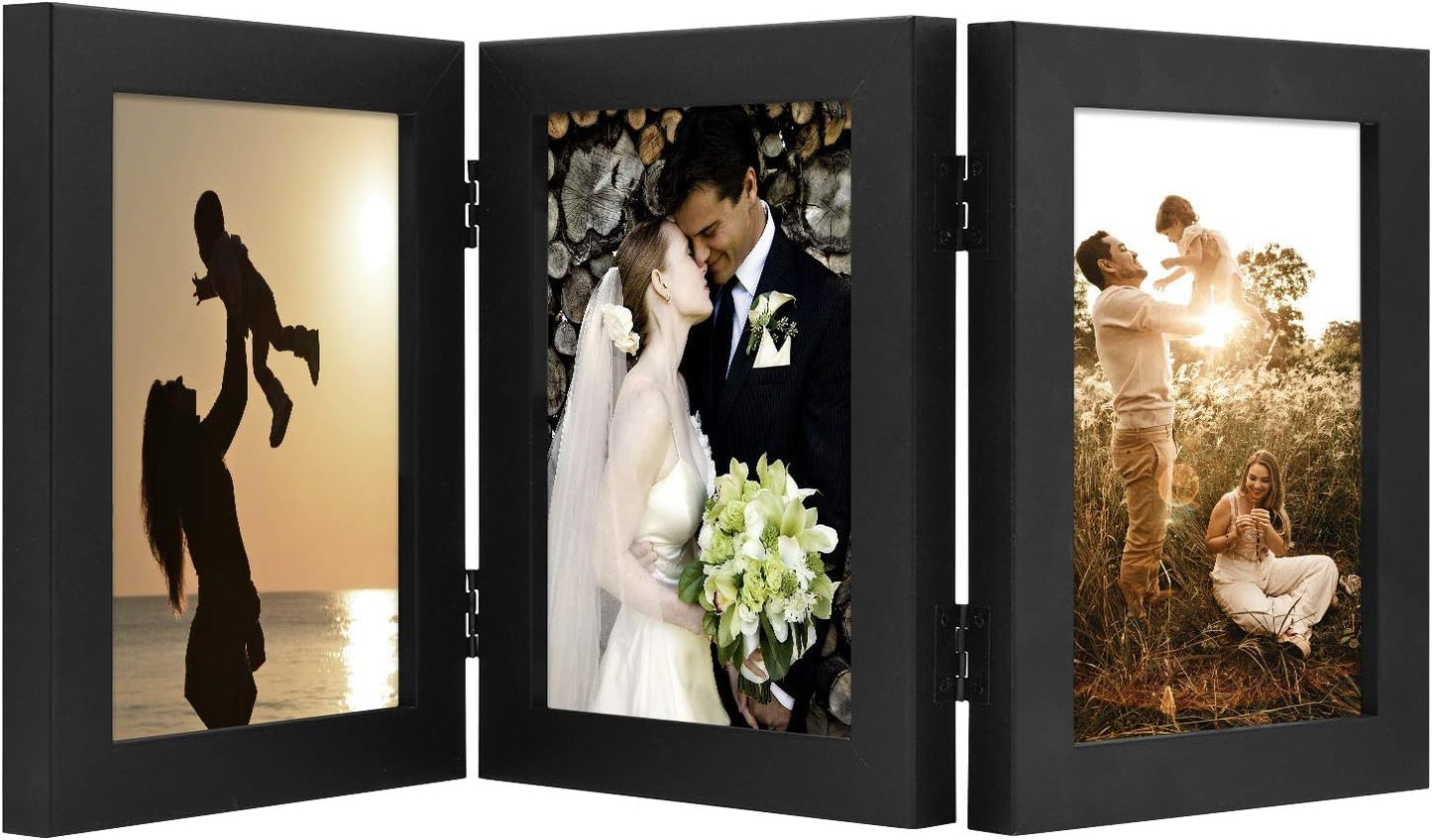 Golden State Art, 5x7 Triple Picture Frame Vertical, Engineered Wood Trifold Photo Frame, with Real Glass for Desktop - Three Folding Picture Collage (5x7, Black, 1 Pack)