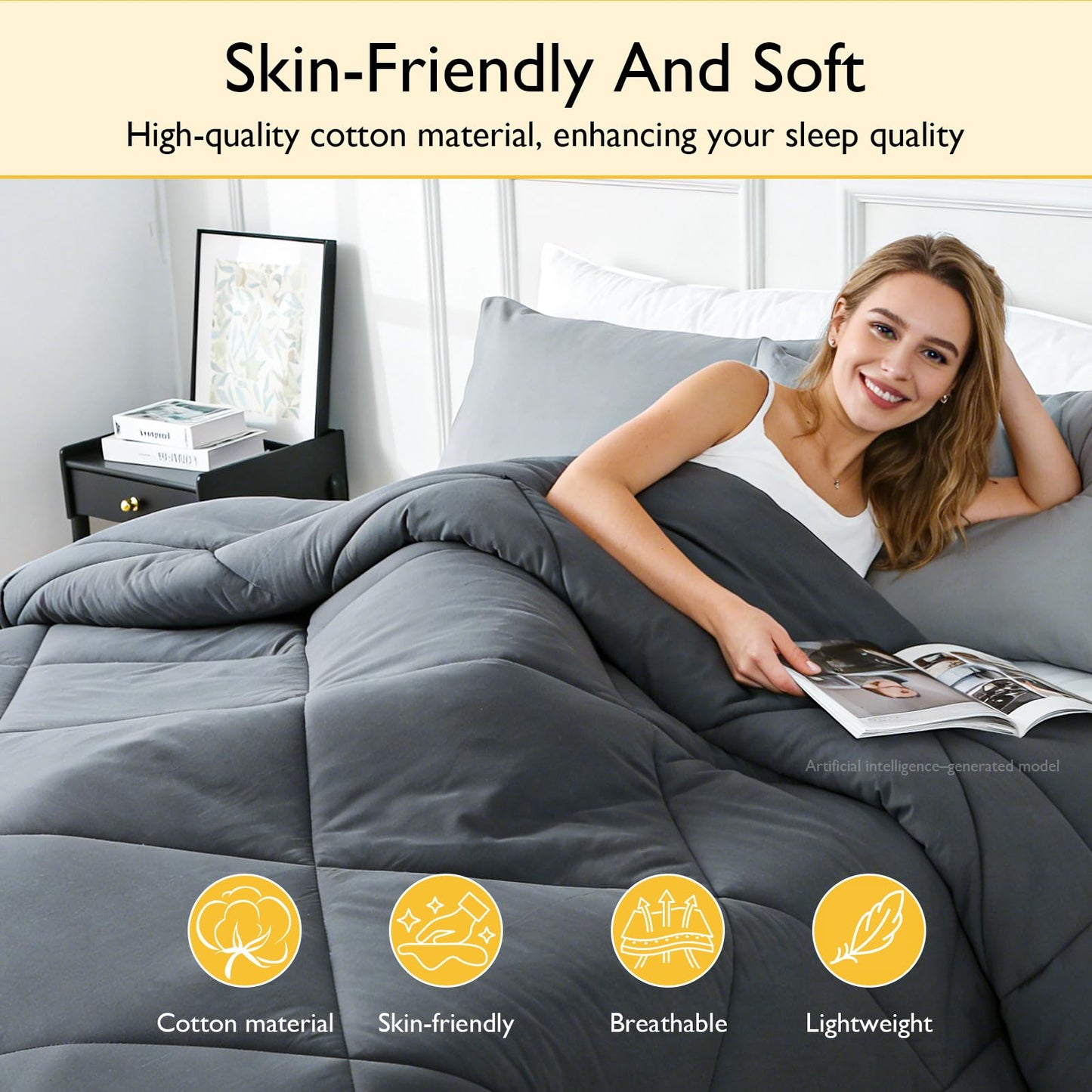 100% Cotton Filled Comforter, Premium Upgraded Cotton Bed Quilt Suitable for All Seasons, Comfortable Soft Noise-Free, Breathable and Fluffy, King, Gray | 100% Cotton, All Seasons, Breathable Fluffy