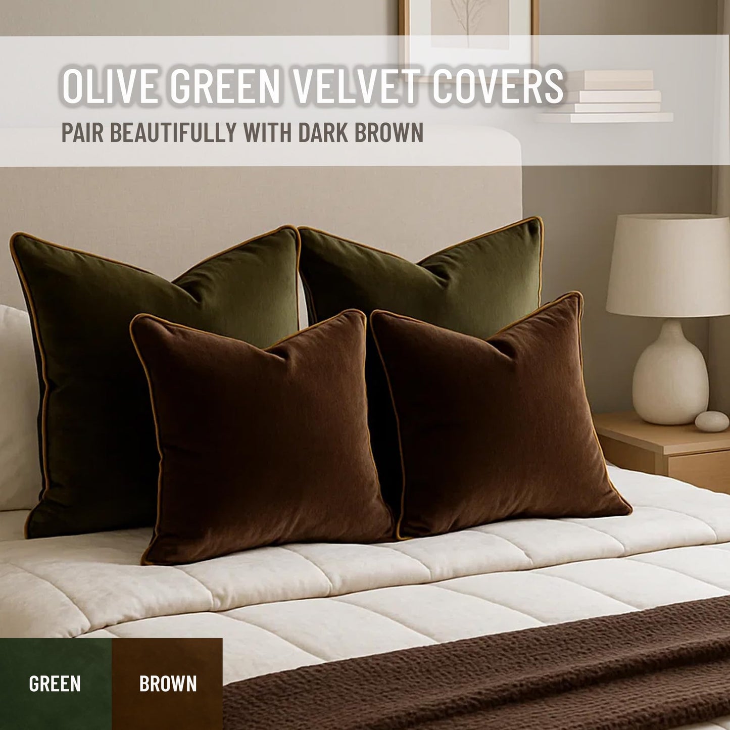 Blau Marité 2 Pack Polyester Decorative Throw Pillow Covers, 20"x20", Green and Camel, Solid, Modern, Contrast Piping, Indoor Use, Bedroom & Living Room