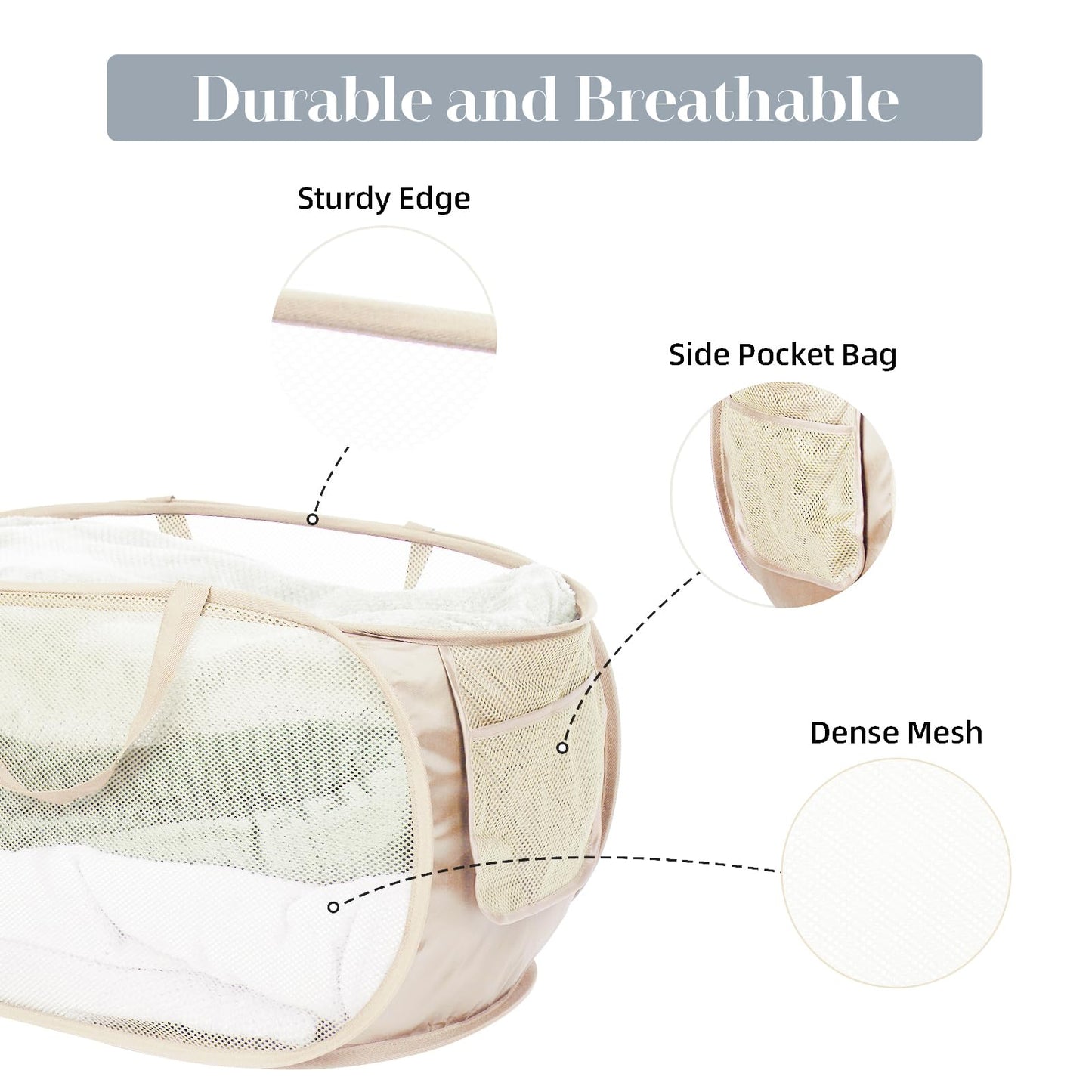 Durable Collapsible Laundry Baskets, Mesh Pop Up Laundry Hamper with Side Pocket, Foldable Clothes Hamper with Reinforced Carry Handles for Laundry, Bathroom, Kids Room, Dorm or Travel 2 Pack Beige