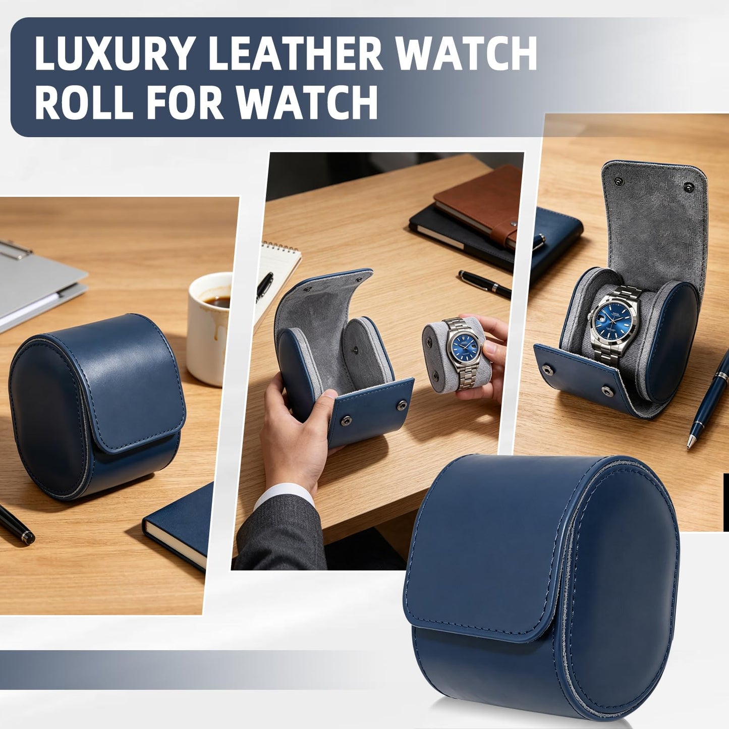 POKOTO Watch Travel Case for Men and Women, Luxury Leather Portable Watch Box Organizer for Home Storage, Travel and Display (Sapphire Blue, 1 slot)