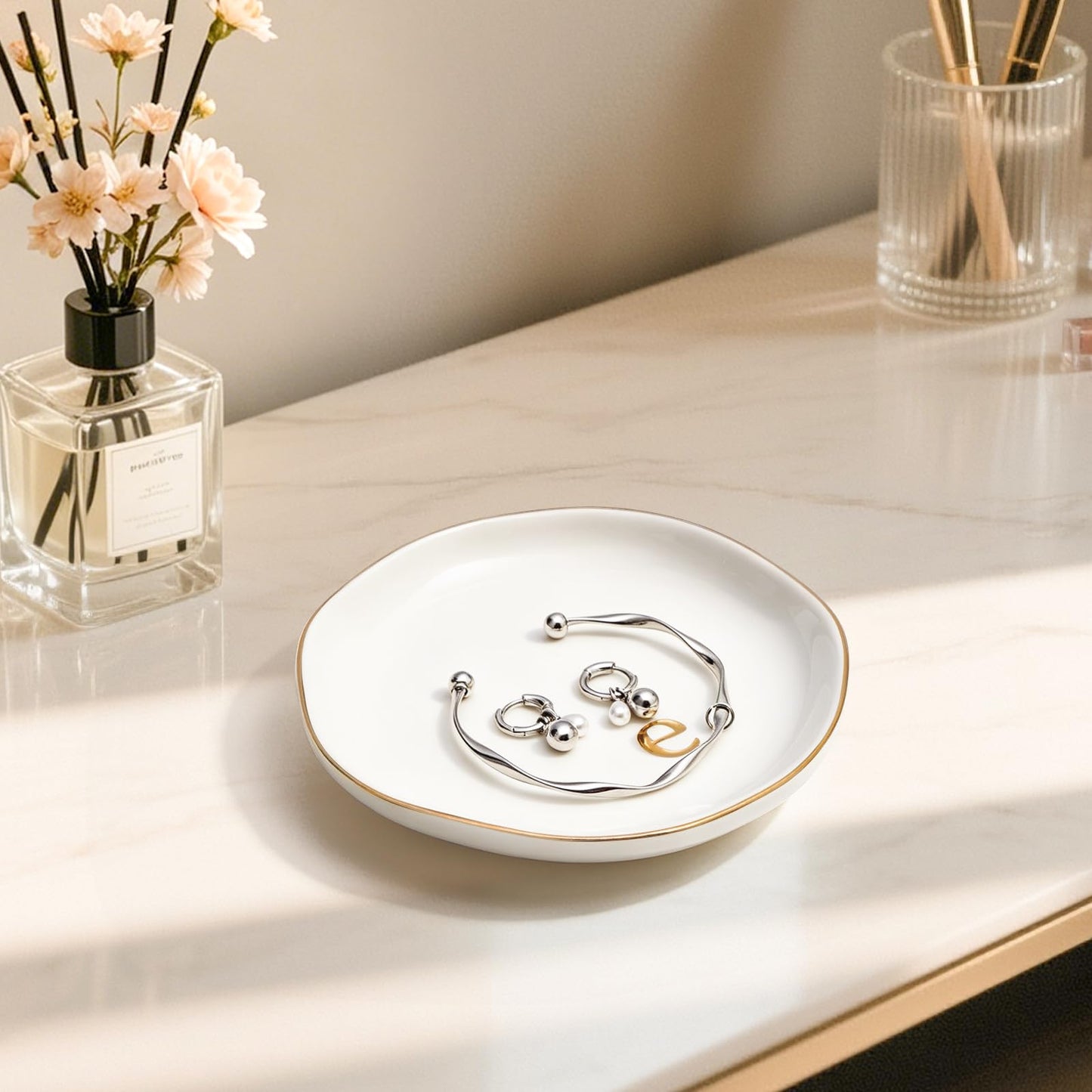 Fyshipin Ceramic Jewelry Tray,Decorative Trinket Dish for Room Decor,Birthday Valentine's Day Mother's Day Graduation Christmas Personalized Gift for Women, 4.75", Gold Rim,Engraved Initial c