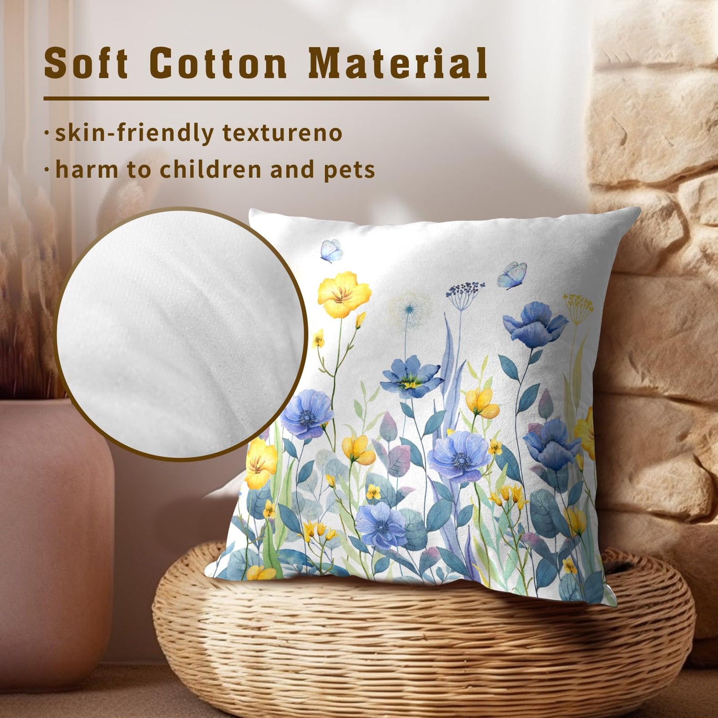 Imiss Blue Yellow Flowers Pillow Covers 18x18 Inch Set of 2, Poppy Floral Square Cushion Covers Spring Summer Seasonal Decor Pillowcase for Living Room Sofa Bedroom