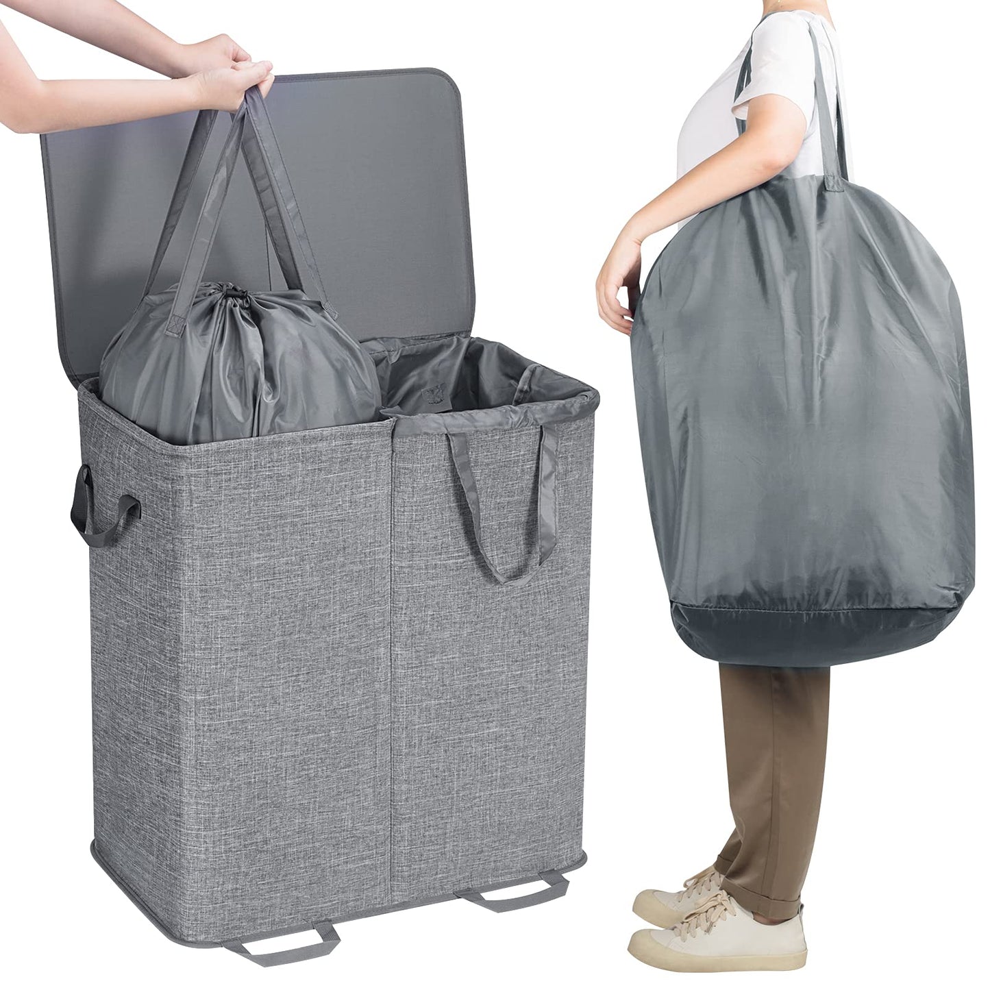 Lifewit Double Laundry Hamper with Lid and Removable Laundry Bags, Large Collapsible 2 Dividers Dirty Clothes Basket with Handles for Bedroom, Laundry Room, Closet, Bathroom, College, 136L Gray