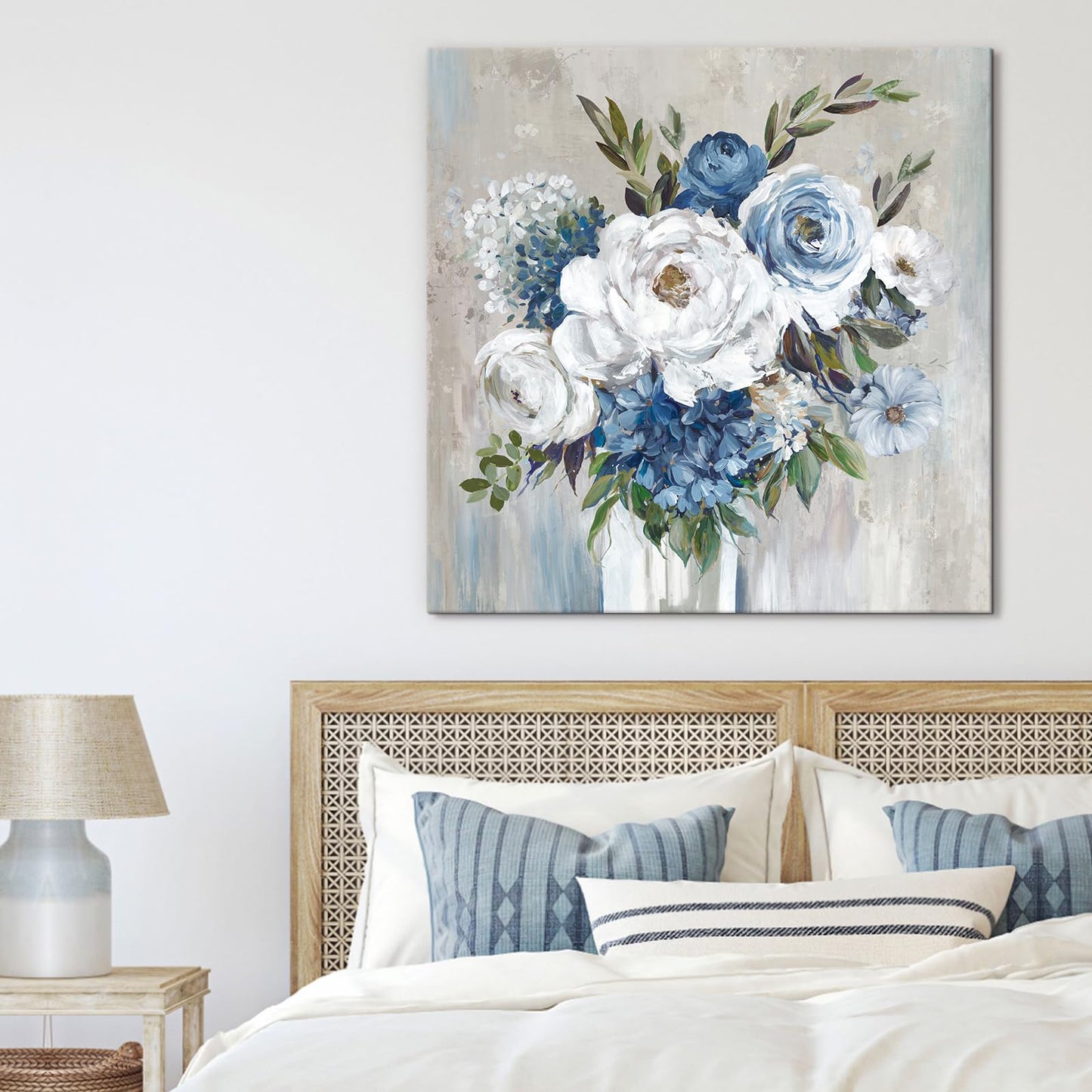 Goldfoilart Blue Flower Wall Art for Living Room White Floral Canvas Pictures Modern Paintings Framed Artwork for Bedroom Bathroom Dining Room Office Wall Decor 24" x 24"