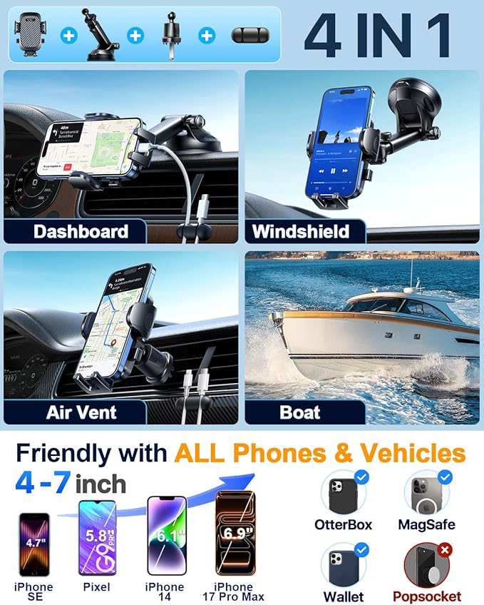YRU True Military-Grade [360° Rotation Suction] 2026 Ultimate Car Phone Holder Mount 【90+LBS Safest Strongest & Patent Certs】 Dashboard Windshield Vent for iPhone 17 16 Pro Max Samsung, Gloss Black