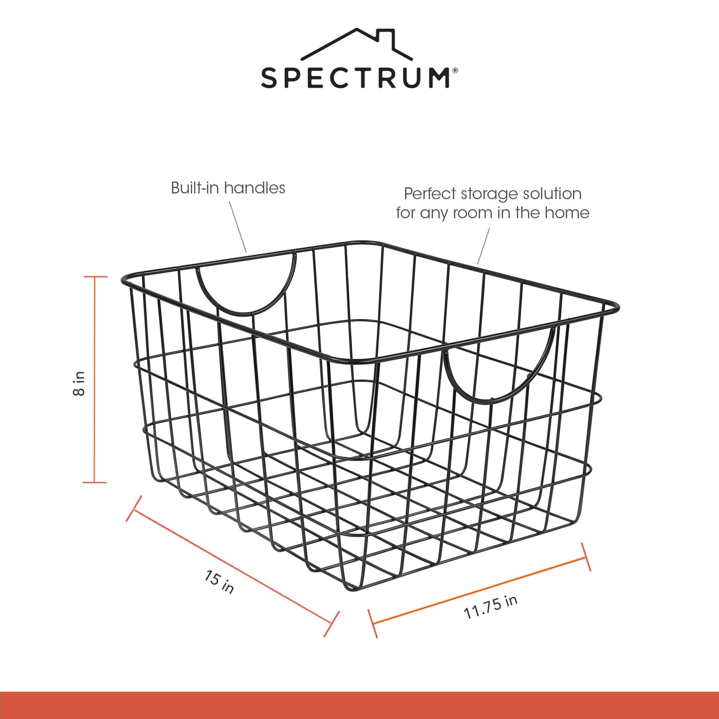 Spectrum Large Wire Basket with Handle Black Metal Utility Storage Bin for Organizing Kitchen Pantry Cabinets Closet and Garage Shelves, Steel Metal Basket Storage Organizer Bin with Handle