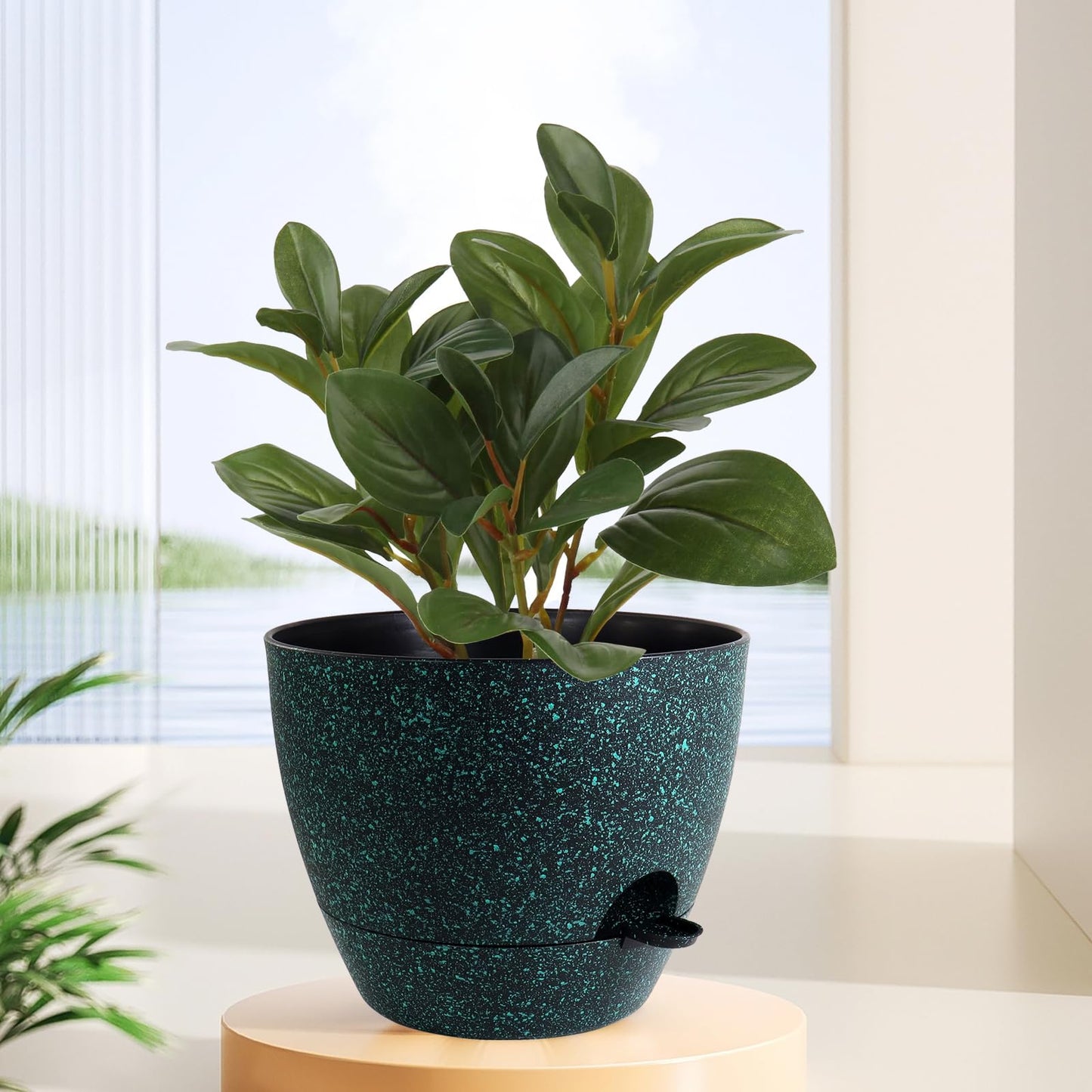 WSMKSZ 12 inch Large Self Watering Pots, Planter, Plant Pots with Mesh Drainage Holes for Indoor Outdoor House Plants and Garden, Plastic Flower Pots with Reservoir, Black with Green Speckles