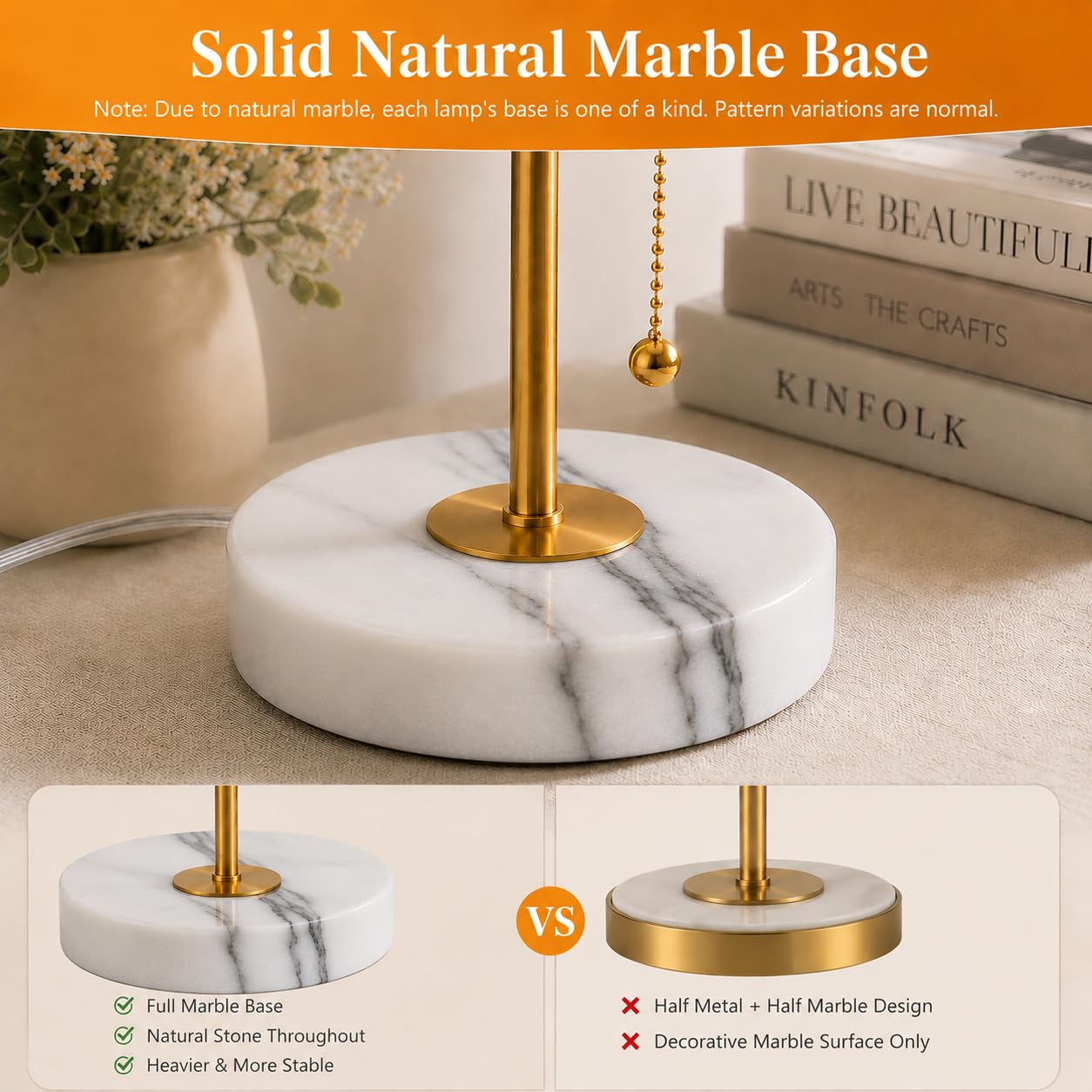 JUNNAI Table Lamps Set of 2, Gold Bedside Lamps, 3 Way Dimmable Nightstand Lamps with Marble Base & Linen Shade &Pull Chain,18.5 Inches Tall Skinny Desk Lamps for Bedroom Living Room(Bulbs Included)
