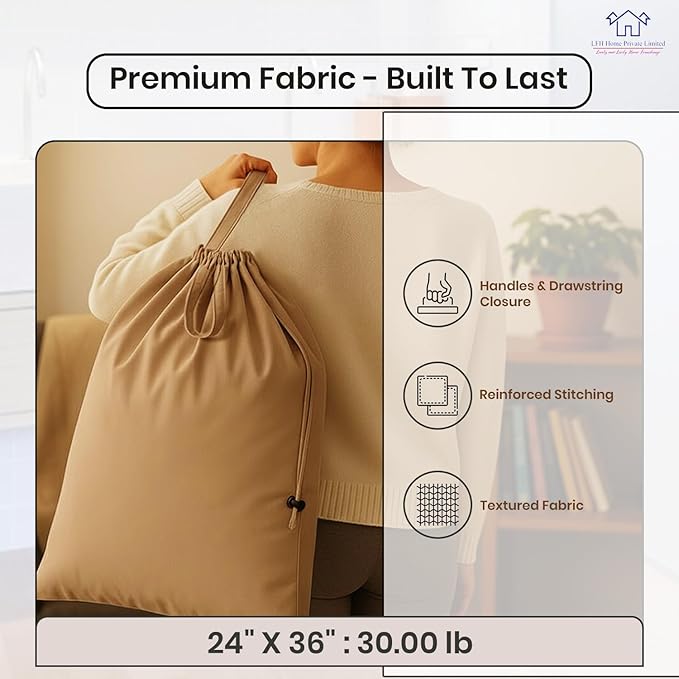 LFH Home Cotton Canvas Large Laundry Bag with Handle, Heavy Duty Drawstring Closure Washable Laundry Bags, School Travel, Home, Hotel, College Dorm, Organizer Sack, Toys Clothes 24x36-Beige