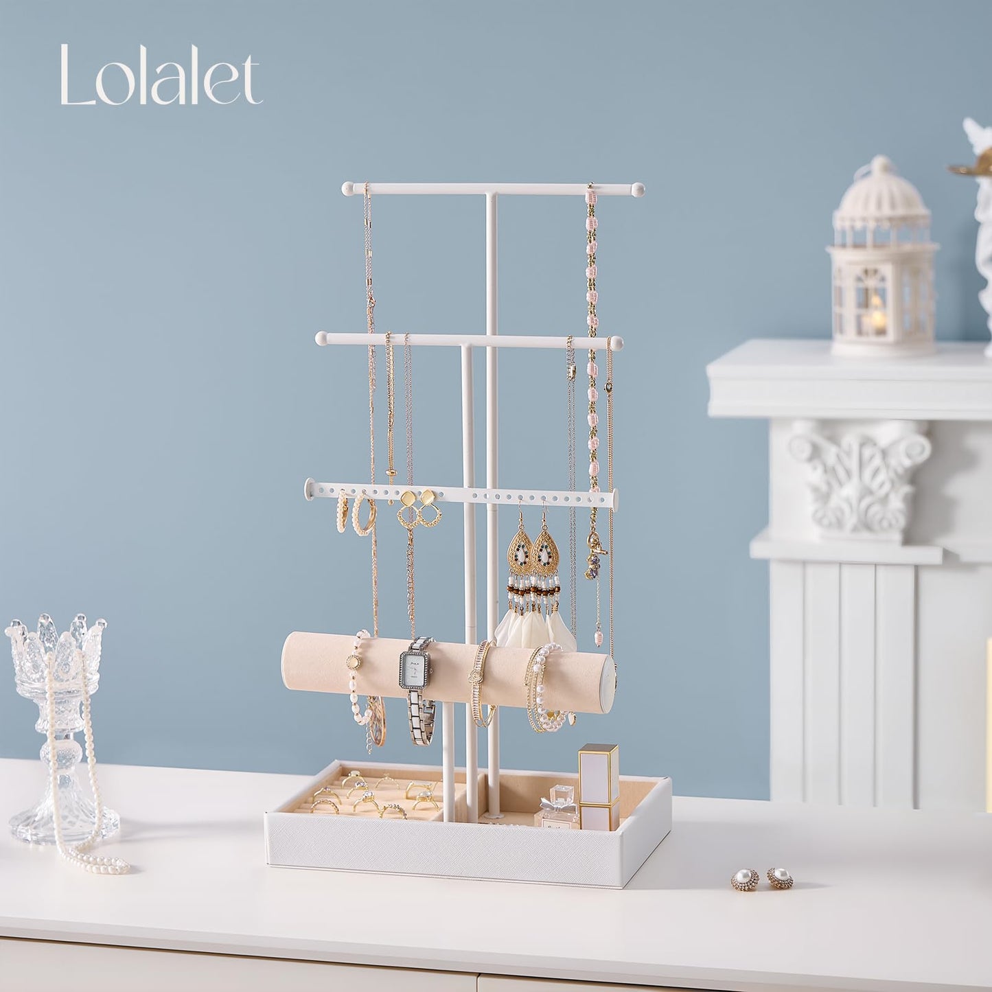 Lolalet Jewelry Holder Tree with Velvet Tray, 4 Tiers Necklace Display Stand Rack with Ring Slots Organizer for Earrings Bracelets Bangles Ring, Valentine's Day Gift -White