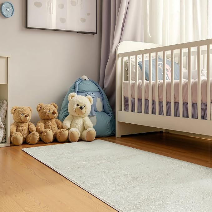 jinchan Solid Plush Runner Rug 2x6 Performance Shaggy Washable Hallway Rug Soft Modern Faux Wool Cozy Non Slip Carpet for Bedroom Laundry Room Living Room Kids Nursery Ivory
