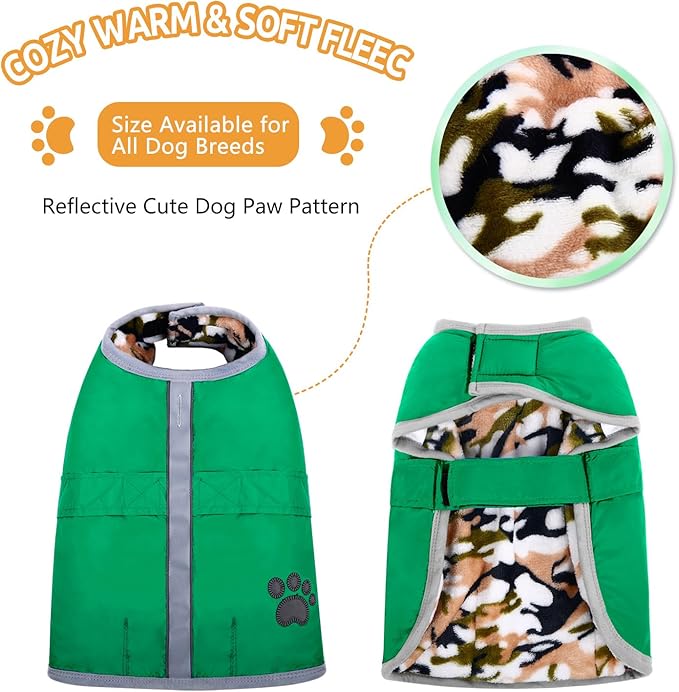 Queenmore Dog Winter Coat, Cold Weather Fleece Jacket for Dogs, Waterproof Reflective Reversible, for Small, Medium and Large Dogs (Green, XL)