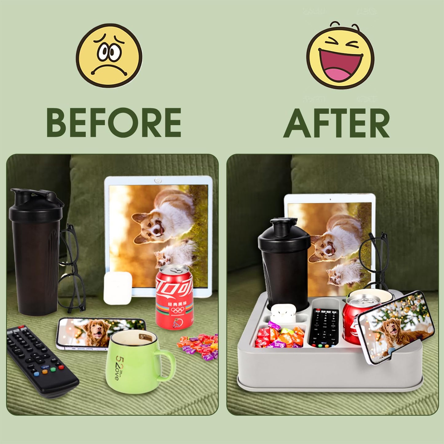 Couch Cup Holder Bed Caddy Couch Caddy Couch Tray Cup Holder for Couch,Couch Caddy with Cup Holder for Remote Phone Tablet Beverage Snack Gray.